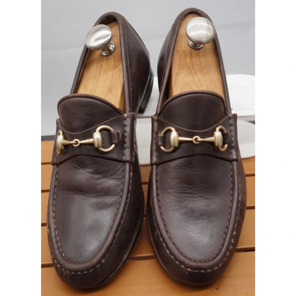 $1090 GUCCI men's leather horsebit loafers w/gold bit - dark brown - US 9.5 D